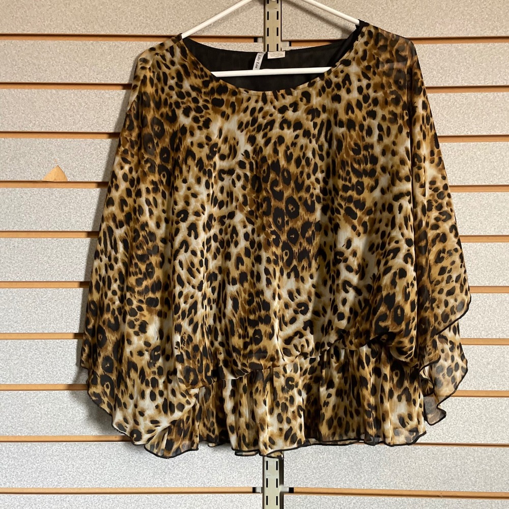 Lilly Lou Womens Leopard Print Chiffon Cape‎ Overlay Blouse Brown Large Office